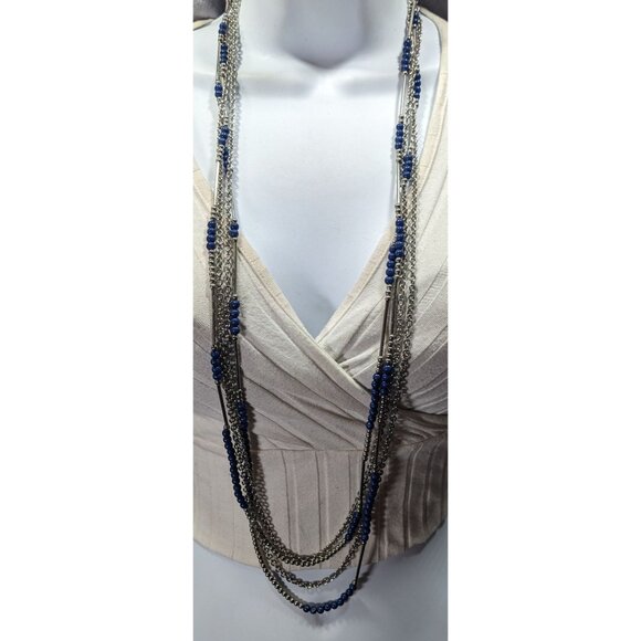 Premier Designs Layered Beaded Blue And Silver Tone Necklace - Picture 1 of 5